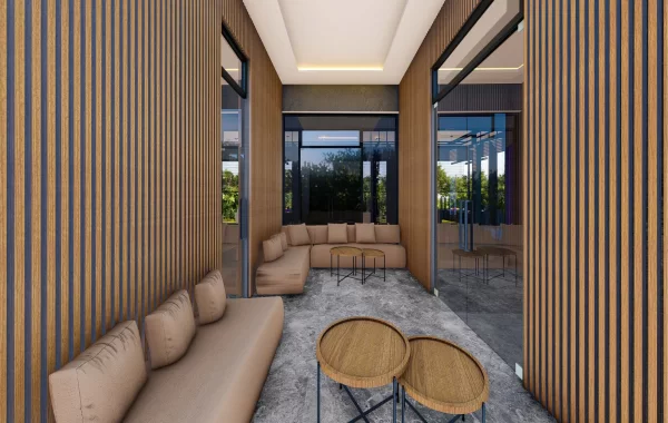 Vackert projekt i lyxhotellstil under uppbyggnad omgivet av natur