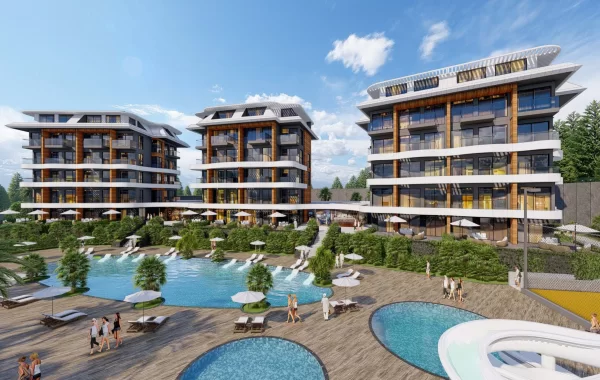 Vackert projekt i lyxhotellstil under uppbyggnad omgivet av natur