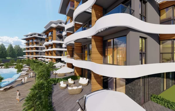 Vackert projekt i lyxhotellstil under uppbyggnad omgivet av natur