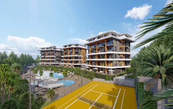 Vackert projekt i lyxhotellstil under uppbyggnad omgivet av natur