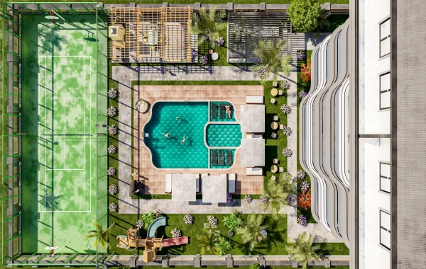 Eleganter Komplex wird in Kestel sehr nahe zum Strand gebaut, eine sehr schöne und ruhige Gegend